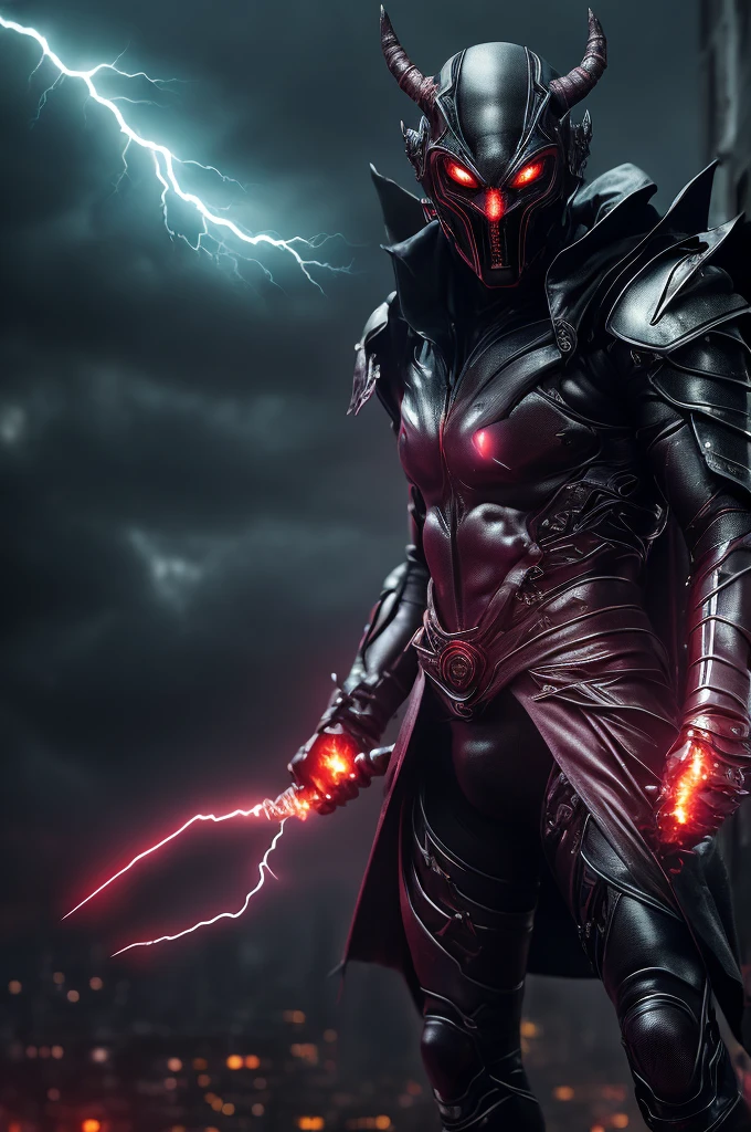 powerfull (demonic creature:1.2), red tech googles, demon mask, androgynous male, strong pose, tech heavy armor, Raiden, metal gear style, lightning effects, thunder effects, dark sky raining, god of thunder, dark hair, infernal city background, tall structures, infernal towers background, dark red colors, apocalyptical, far distance, full body, perfect detailed face, detailed symmetric circular iris, realistic, stunning realistic photograph, 3d render, octane render, intricately detailed, cinematic, Isometric, dark fantasy theme, mystical, Dark theme, underworld theme, deviant art masterpiece, white skin, crimson eyes, dark tattoos, colour grading, dark illustration, extreme quality, extremely detailed, ultra-detailed face, ultra hd 8k, dark lightning, concept art, hyperdetailed, intricately detailed gothic art, triadic colours, fantastical, intricate detail, splash screen, complementary colours, fantasy concept art, 8k resolution, soft lighting, film photography, film grain, hyperrealist