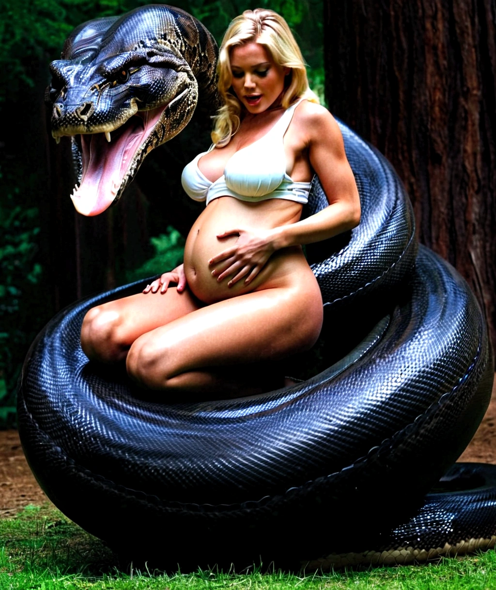 Pregnant Happy Horny, aroused 1girl), beautiful kneeling blonde young girl with giant colossal black titanboa squeezing her hard, wrapped in thick spiraling coils, constricted, struggle, gasping for air, snake attack, snake peril, moonless night, dim light