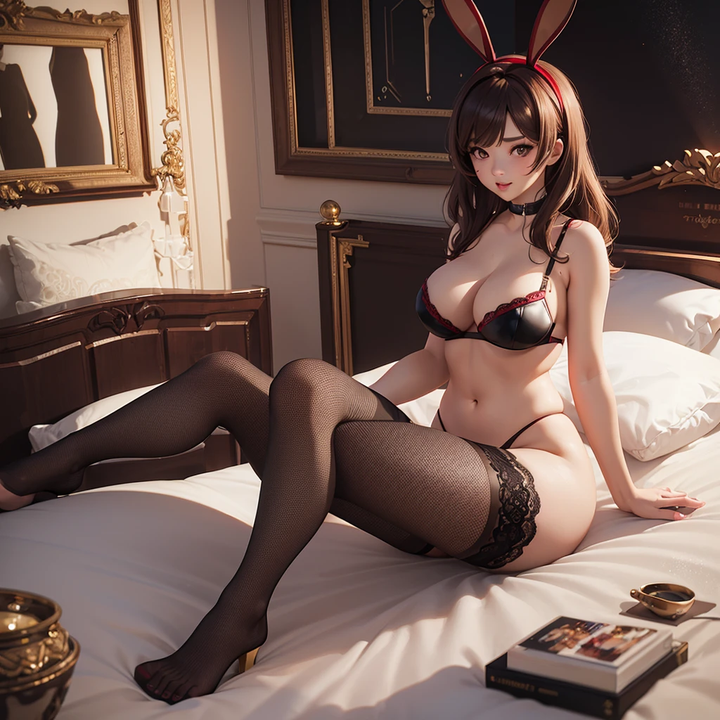 (Ultra hd), (full hd 8k regulations), (masterpiece), a very sexy cutie curvy girl, brown hair, a red bunny head bands, wearing a black sexy lingerie, posing on her bed, anime, illustration, 3d rendering, photo, ceramics 