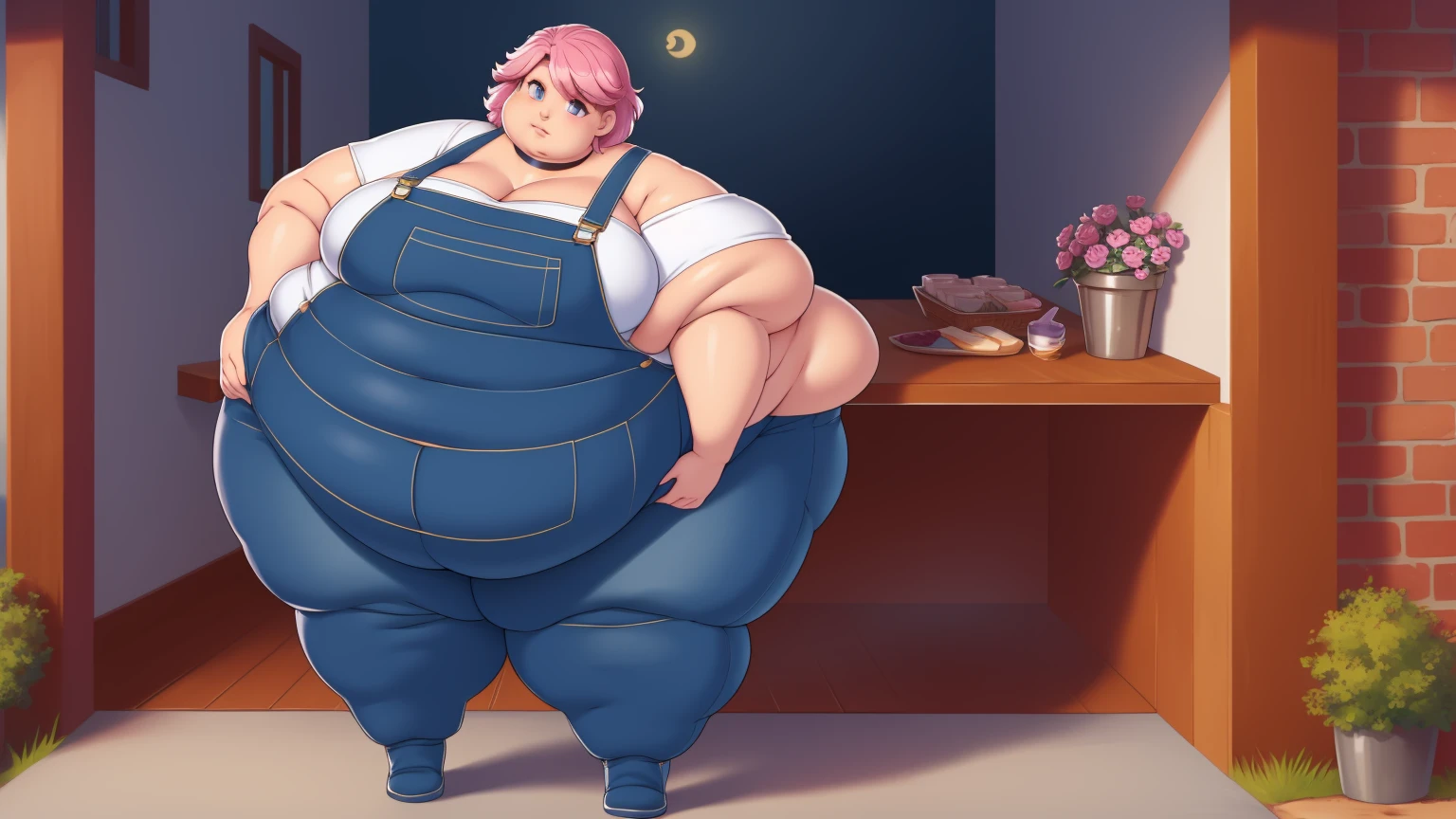 (Morbidly obese body:1.2)(Fat neck and chin:1.3)(Obese:1.1),fat, Slightly chubby, sad, farm backround, Full body, looking at viewer, 1girl, solo, short pink hair, (dark blue choker), (dark blue denim overalls), (purple eyes), (pink boots), (white shoulder lantern sleeve blouse, tucked in pants