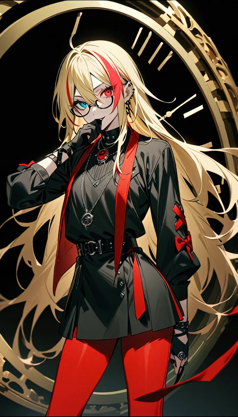 (((masterpiece,Highest quality))),(((スチームパンク風でVisual Keiの黒を基調とした衣装の短い髪のアニメの中性的な男性))),((Androgynous but male)),(((Visual Kei))),(((red and blonde streaked hair))),highlights hair,((Wears stylish, thick-framed glasses)),((Blue and red heterochromia)),((Clock and gear motif necklace,A brooch with a clock and gear motif)),((Karambit knife held to mouth)),Cruel Laughter,(((Black Background))),Focus on the whole body,(high quality),アニメ
