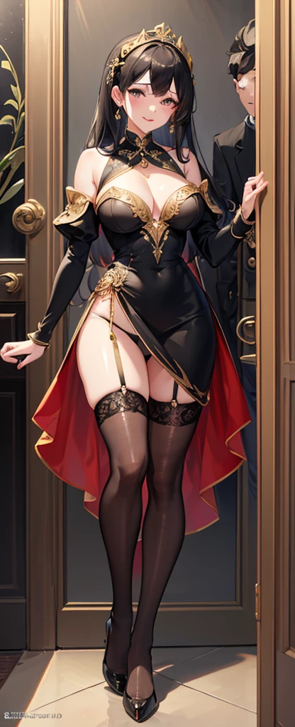 ((best quality)), ((masterpiece)), (detailed), perfect face , masterpiece , shiny sakin ,   dress , high quality , 1girl  , big    , black stockings , smile , ( hair adorments ) , underpants , handa on wall , bening över ,  set , tall legs