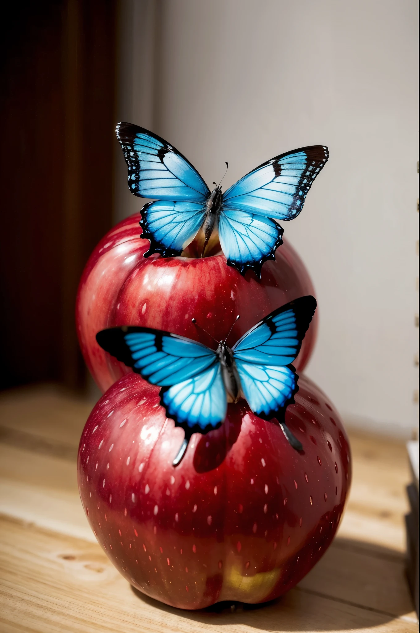 ((best qualityer)), ((work of art)), (detailded), a red apple with a blue butterfly