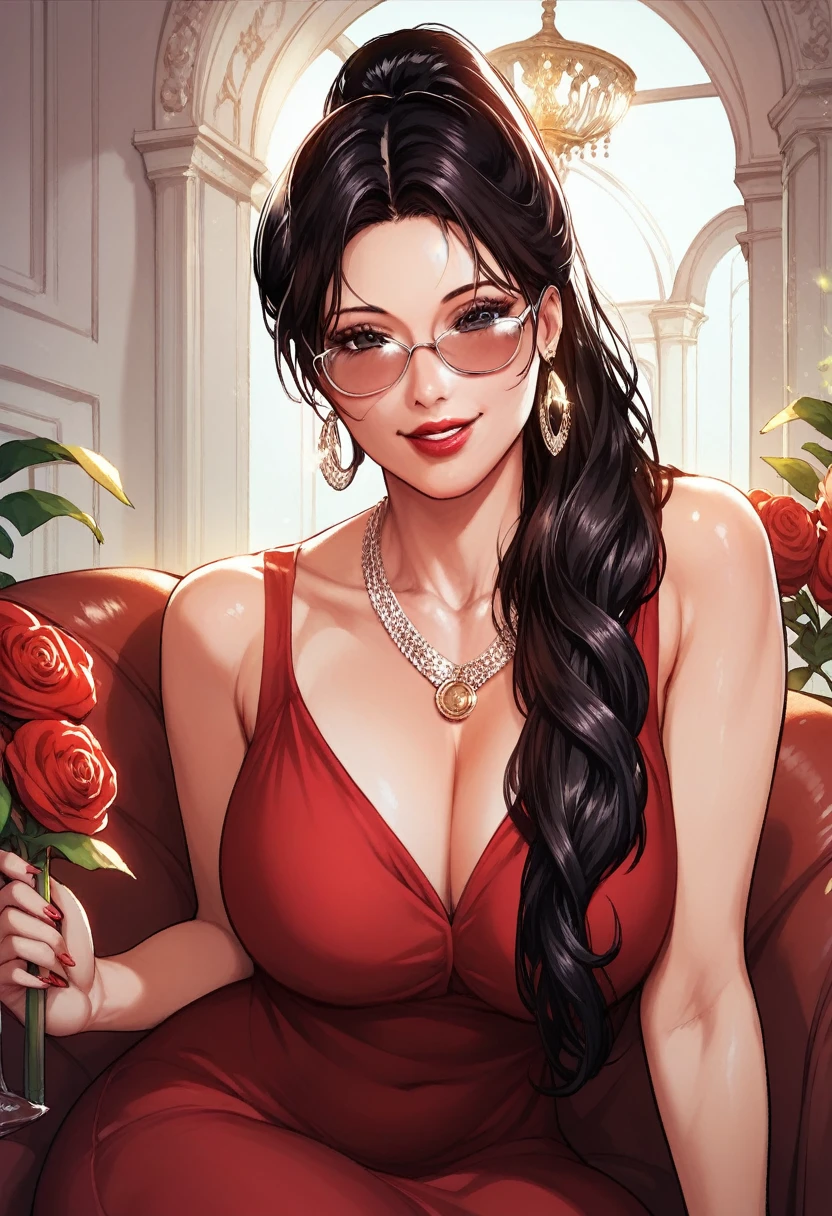 Hot sexy beautiful milf mom  , perfect body, detailed lips rings ,black  hair,black eyes, wearing white sun glasses , detailed , big chandelier earrings , alluring face, smiling, necklace , red lipstick ,hair ponytail ,red flowers brochure,red gown