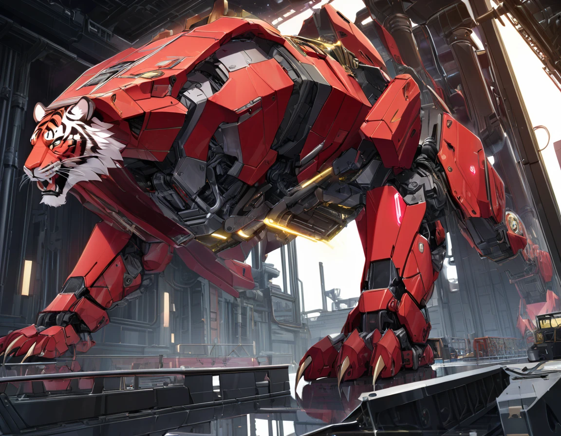 ((Masterpiece)), ((Best Quality)), (Very Detailed), ((Very Detailed)), 4K, (8K), very aesthetic, absurdres highres, create an image of a robotic mechanical beast in the form of a tiger, equipped with weaponry such as laser cannons and missiles suitable for a science fiction story. The mechanical tiger should have intricate details with gears, pistons, and metallic plates, glowing red eyes, steam coming out from its joints, visible wiring, hydraulic tubes, and a sense of wear and tear. It should have an aggressive stance, ready to pounce, with sharp claws and teeth made of polished steel, set against a dark, industrial background with hints of machinery and metal structures,