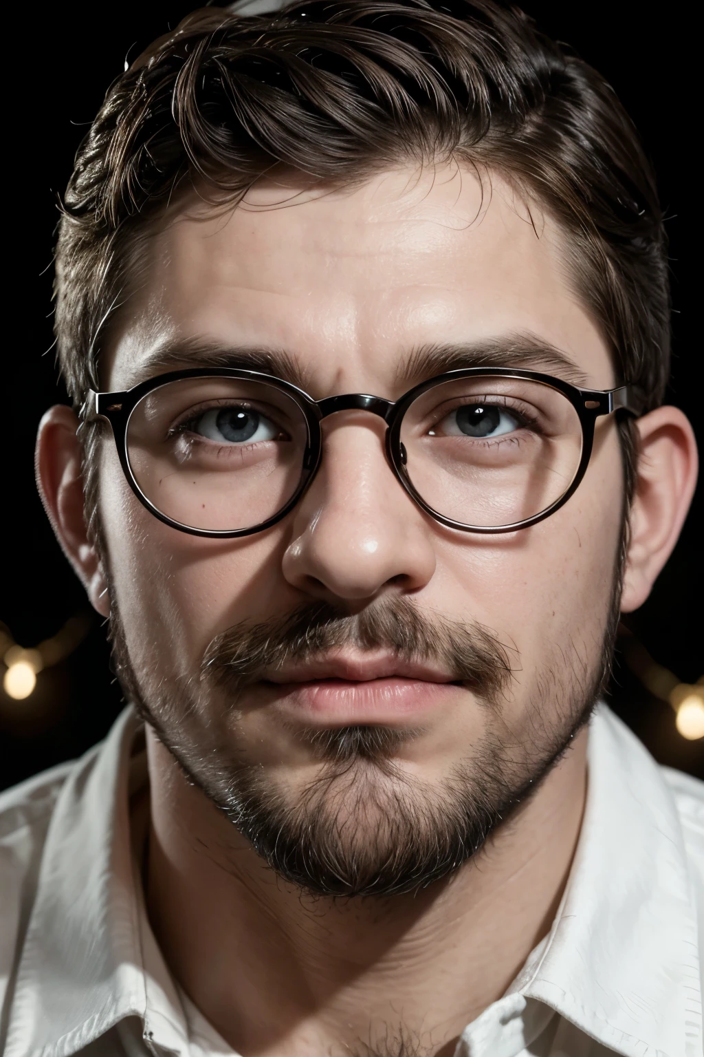 Photograph of a Muppet with horn-rimmed glasses, barba, no mustaches