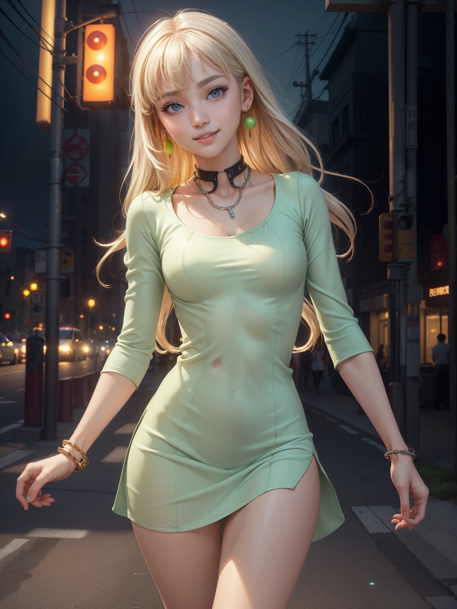 8K, masterpiece, raw photo, best quality, detail: 1.2), photorealistic, extremely detailed 8K unified CG wallpapers, depth of field, cinematic light, lens flare, ray tracing (extremely beautiful face, beautiful lips, beautiful eyes), intricate detailed face, ((ultra detailed skin)) 1 girl, Korean pretty girl, KPOP Idol, (very slim and slim muscular body: 1.3), (big smile), (shot sleeve), (night background on the streets), cute Korean girl, earrings, bracelet, neck, light eyes, walking, (pale skin), face forward, (big eyes), ((Upper body shot)), Come back, back shot , (tight neon green mini dress with holes in front held with chains)