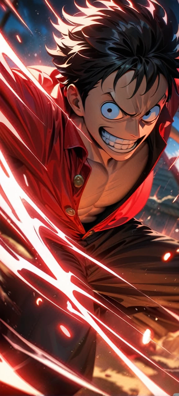 High quality, ,absurdres, highres, ultra detailed, HDR, masterpiece, extremely detailed face and eyes, Luffy , One Piece,, Black hair ,red shirt, solo, ,man, handsome, ,, Epic fight scene, red splashing effect,red lightning effect,glowing glitters , full effect,