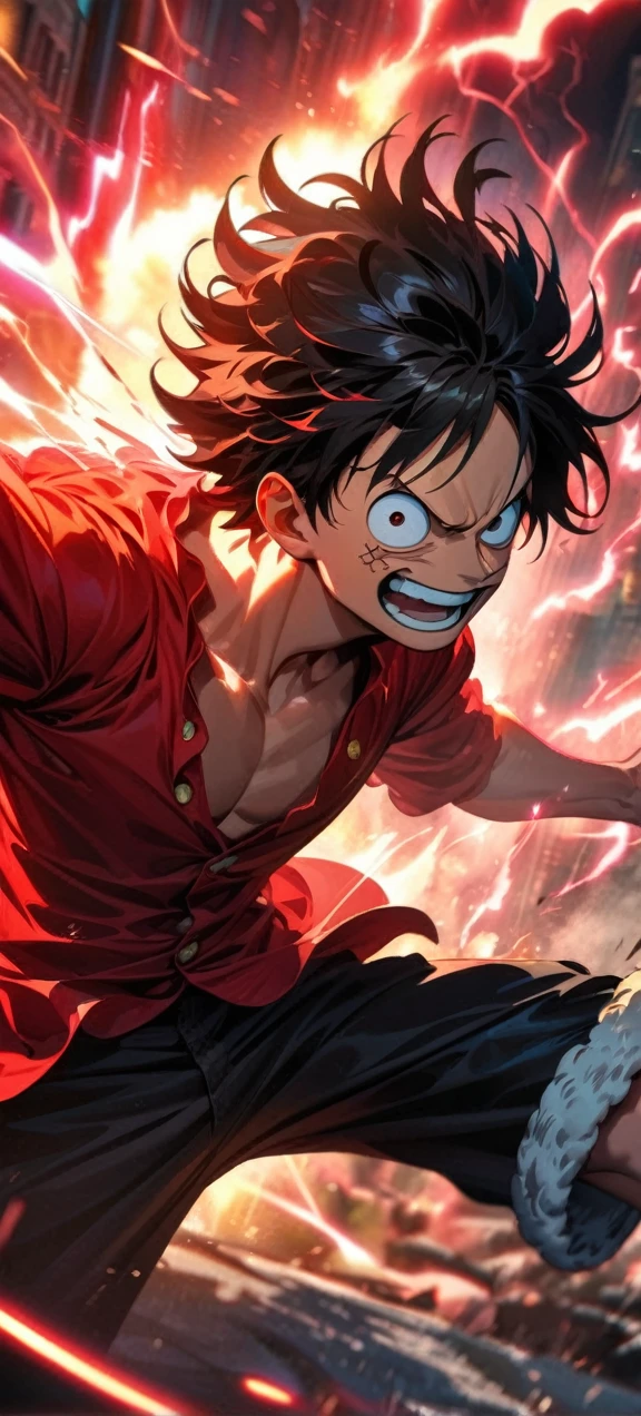 High quality, ,absurdres, highres, ultra detailed, HDR, masterpiece, extremely detailed face and eyes, Luffy , One Piece,, Black hair ,red shirt, solo, ,man, handsome, ,, Epic fight scene, red splashing effect,red lightning effect,glowing glitters , full effect, symetrical