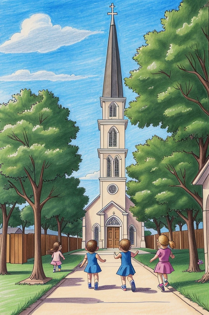 A drawing of children playing behind a church, cartoon style.