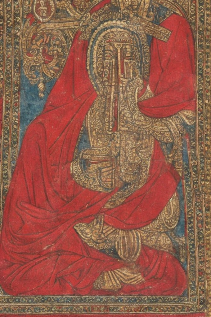 A person with eyes covered by a red cloth sits cross-legged, meditating with six arms