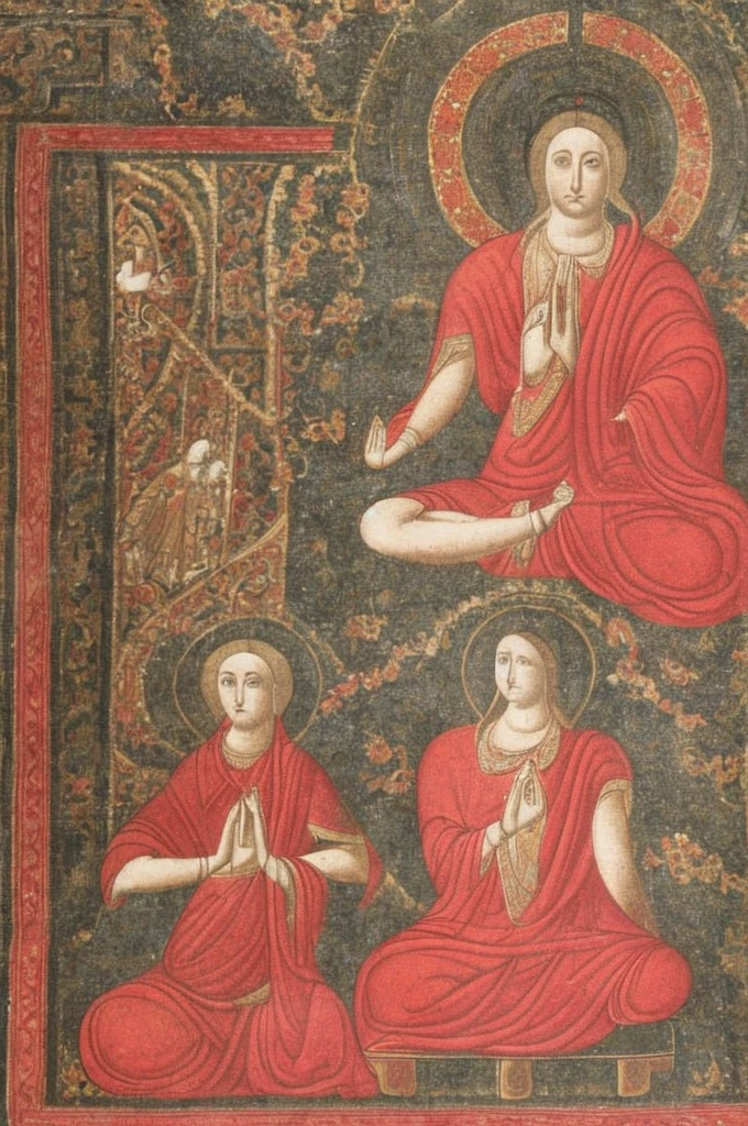 A person with eyes covered by a red cloth sits cross-legged, meditating with six arms