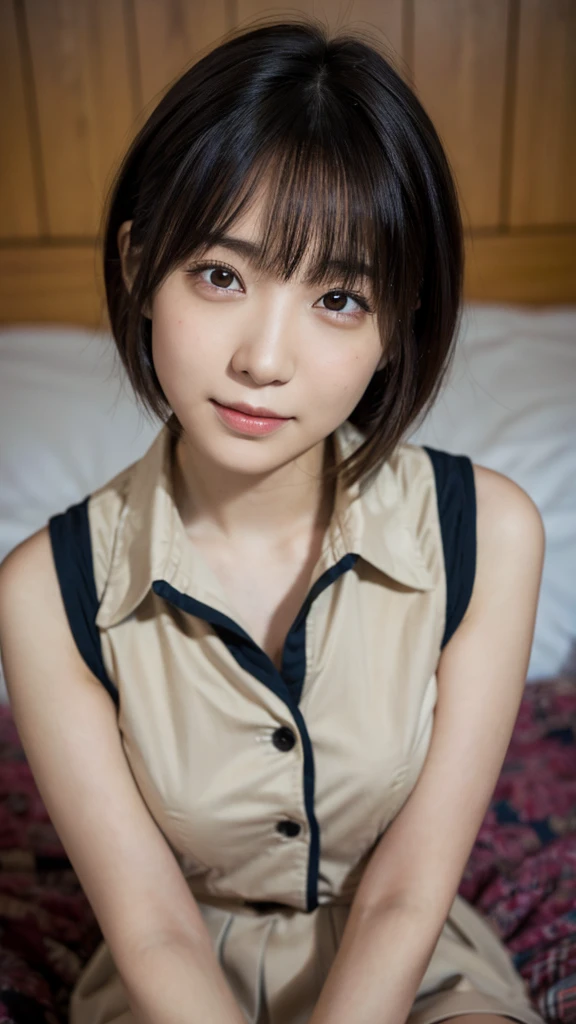 (8K, RAW Photos, Highest quality, High resolution: 1.1), (ultra Realistic: 1.4), (Realistic, Realistic: 1.3), The Beauty of Japan, pajamas, ((Upper Body: 1.3)) High resolution, Realistic image of a Japanese woman with short hair, She has big breasts and red cheeks, Take a look at it, smile She looks at it, smile, While taking a selfie. Her smartphone is close to her face. She appears to be live streaming from her home.., Spread out on the bed, Put a blanket over your chest.night