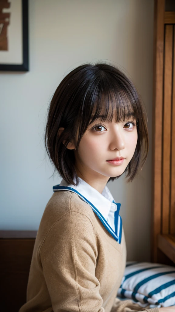 (Highest quality,masterpiece:1.3,Ultra-high resolution),(Super detailed,Caustics,8K), (Photorealistic:1.4, RAW shooting),A high school girl sitting on a bed in a bedroom,Japanese,cute,18-year-old,Natural brown short bob,School uniform,High Position,High angle,Face Focus,Face close up,Bust up shot,Natural light