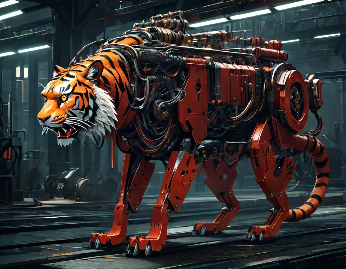 ((Masterpiece)), ((Best Quality)), (Very Detailed), ((Very Detailed)), 4K, (8K), very aesthetic, absurdres highres, create an image of a robotic mechanical beast in the form of a tiger, equipped with weaponry such as laser cannons and missiles suitable for a science fiction story. The mechanical tiger should have intricate details with gears, pistons, and metallic plates, glowing red eyes, steam coming out from its joints, visible wiring, hydraulic tubes, and a sense of wear and tear. It should have an aggressive stance, ready to pounce, with sharp claws and teeth made of polished steel, set against a dark, industrial background with hints of machinery and metal structures, 