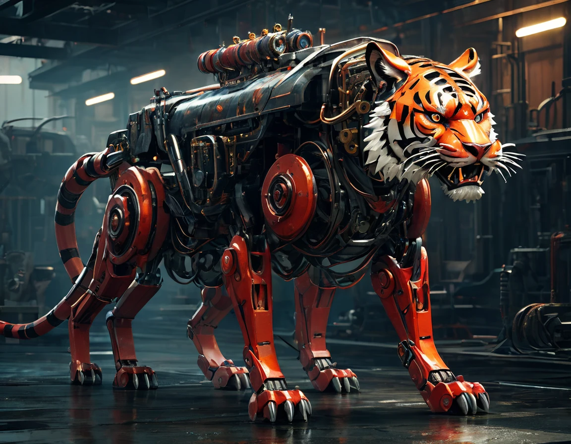 ((Masterpiece)), ((Best Quality)), (Very Detailed), ((Very Detailed)), 4K, (8K), very aesthetic, absurdres highres, create an image of a robotic mechanical beast in the form of a tiger, equipped with weaponry such as laser cannons and missiles suitable for a science fiction story. The mechanical tiger should have intricate details with gears, pistons, and metallic plates, glowing red eyes, steam coming out from its joints, visible wiring, hydraulic tubes, and a sense of wear and tear. It should have an aggressive stance, ready to pounce, with sharp claws and teeth made of polished steel, set against a dark, industrial background with hints of machinery and metal structures, 