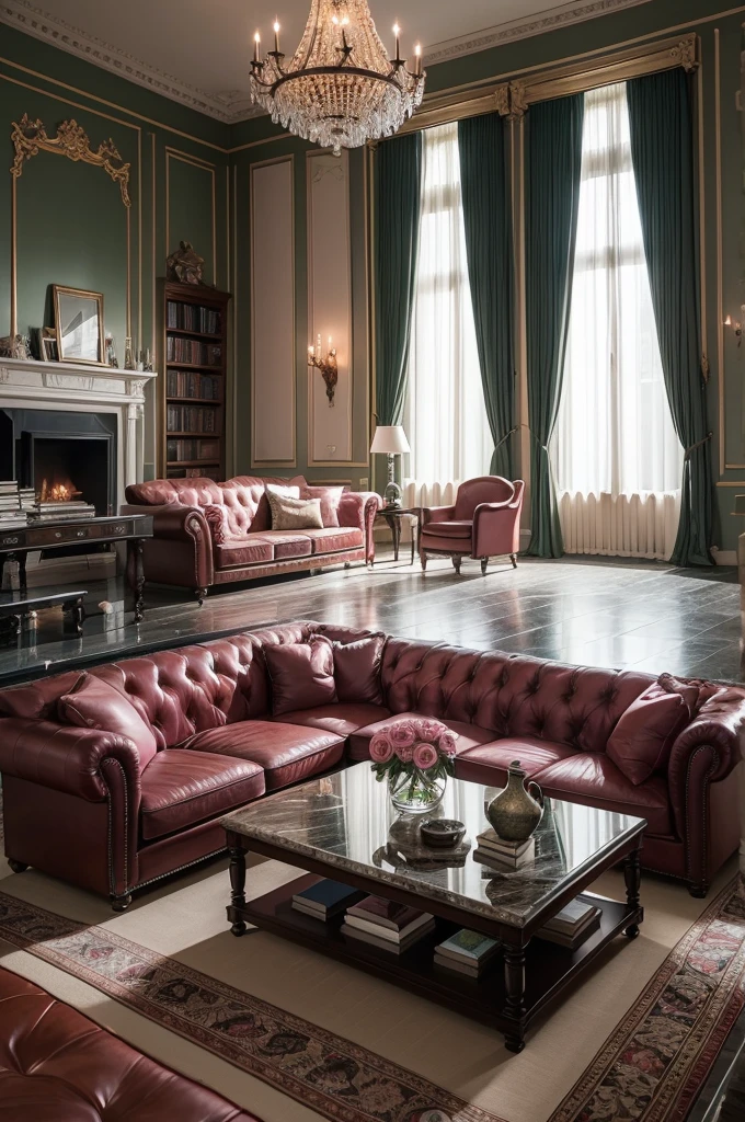 Create a late night scene, a castle room with high ceilings, dark green leather sofas next to the wide and large glass window, coffee table with computer and small vase with pink rose, dark brown curtains, floor pink marble, fireplace on the front wall, books on the sofa, television on the wall, very heavy rain outside, rain hitting the closed window,