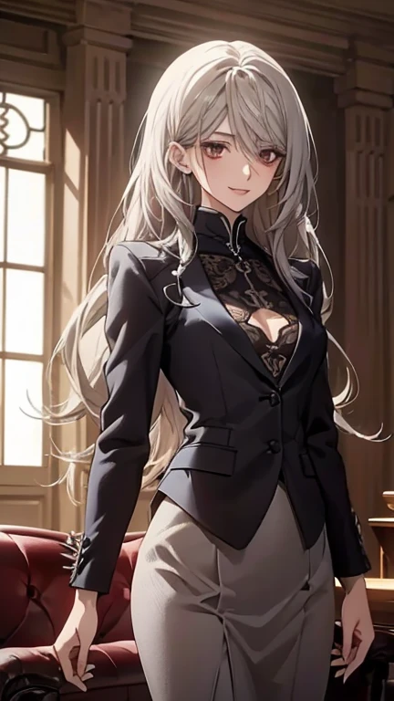 (Highest quality, High resolution, Very detailed), 1 female, Silver Hair, Long Hair, Reddish brown eyes, suit skirt, lace thong, pantyhose, 24th generation, Beautiful woman, mature, quiet, Calm, Large Breasts, A small smile, office,
