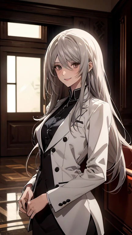 (Confused, High resolution, Very detailed), 1 female, Silver Hair,Long Hair,Reddish brown eyes,suit,Formal wear,20th generation,Beautiful woman,A shy smile,thin,quiet,Small breasts,Calm,Reception room