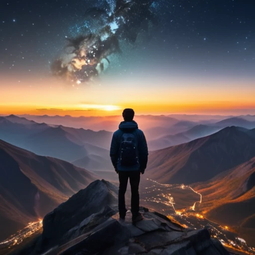 Man on top of a mountain observing the universe 