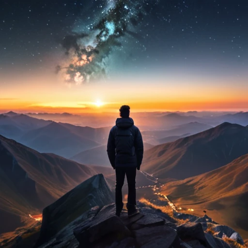 Man on top of a mountain observing the universe