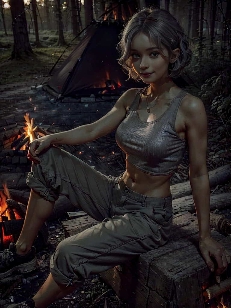 Close-up shot of beautiful korean female, 38 inch chest size, red hair, glasses, wearing gray thin-strapped tanktop with deep side cuts, and light gray underwear, sweat glistening on her body, star shape necklace, kneeling in front of the camping fire, night, UHD, realistic, masterpiece, camera leica, ray tracing