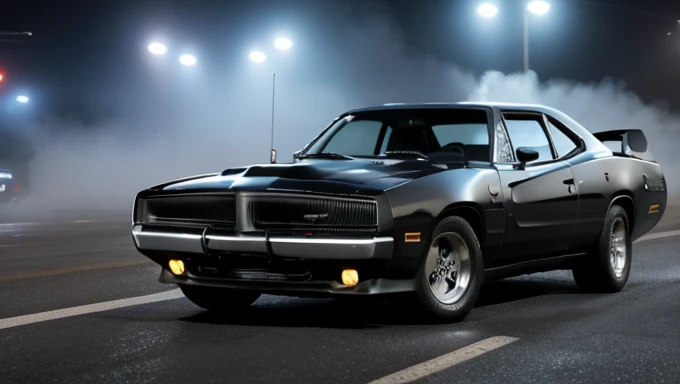 Car Dodge Charger SRT-8 black colour. are in the city in 1988. With 4k high quality. In the evening. With neon lights. Fog