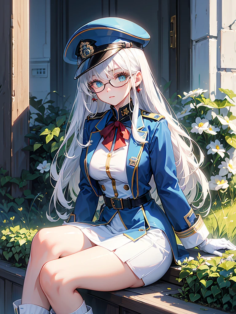 masterpiece, best quality, beautiful girl, white hair, green eyes color, dark blue military uniform, mature_female, eye_glasses, white gloves, anime, dark blue military hat, very_long_hair, perfect body, red ribbon, commander, science_fiction, black knee-high boots, white pencil skirt , cowboy_shot, best quality, large_breasts, ultra-detailed, high quality, modern military uniform, sci-fi, royal blue Trench Coat, one girl 