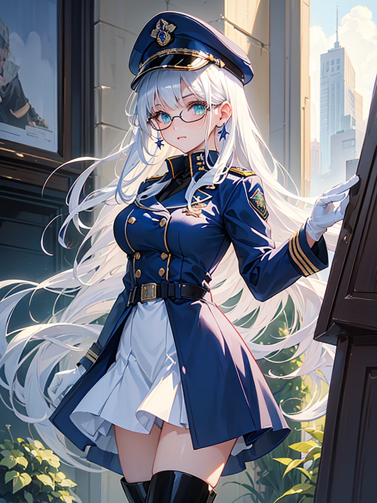 masterpiece, best quality, beautiful girl, white hair, green eyes color, dark blue military uniform, mature_female, eye_glasses, white gloves, anime, dark blue military hat, very_long_hair, perfect body, red ribbon, commander, science_fiction, black knee-high boots, white pencil skirt , cowboy_shot, best quality, large_breasts, ultra-detailed, high quality, modern military uniform, sci-fi, royal blue Trench Coat, one girl 