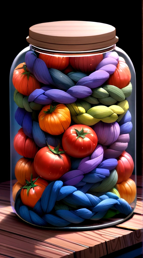 Create a tomato in a jar, where the tomato is cute and beautiful. This jar is on a wooden table with a white background.