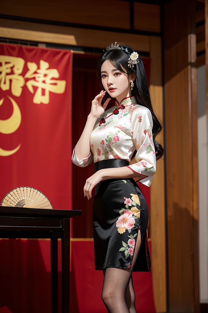 cheongsam,1 Girl,Black Hair,breast,china skirt,Chinese clothes,skirt,earrings,Floral,Folding fan,slope,slope background,Hair accessories,Hand fan,Keep,Keep fan,Jewelry,Long hair,Looking at the audience,Pantyhose,Paper fan,print skirt,Solitary,thighband Pantyhose