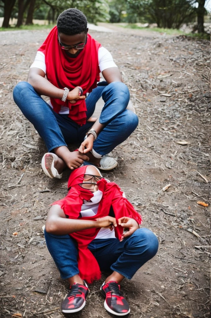 A person with eyes covered by a red bandana sits cross-legged, have six arms