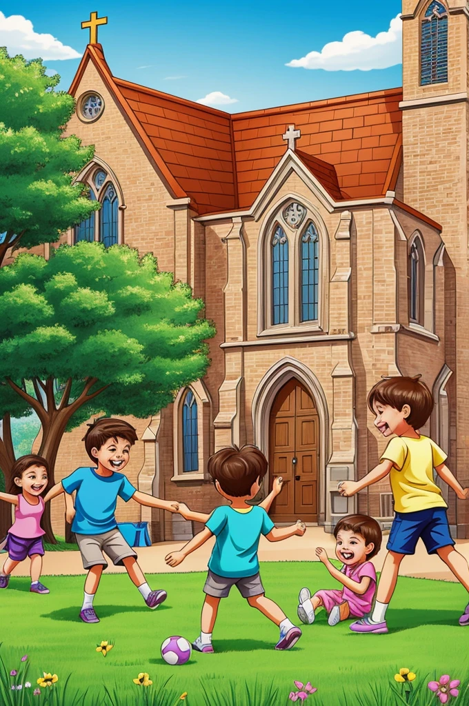 A drawing of children playing and smiling, behind a church, cartoon style.