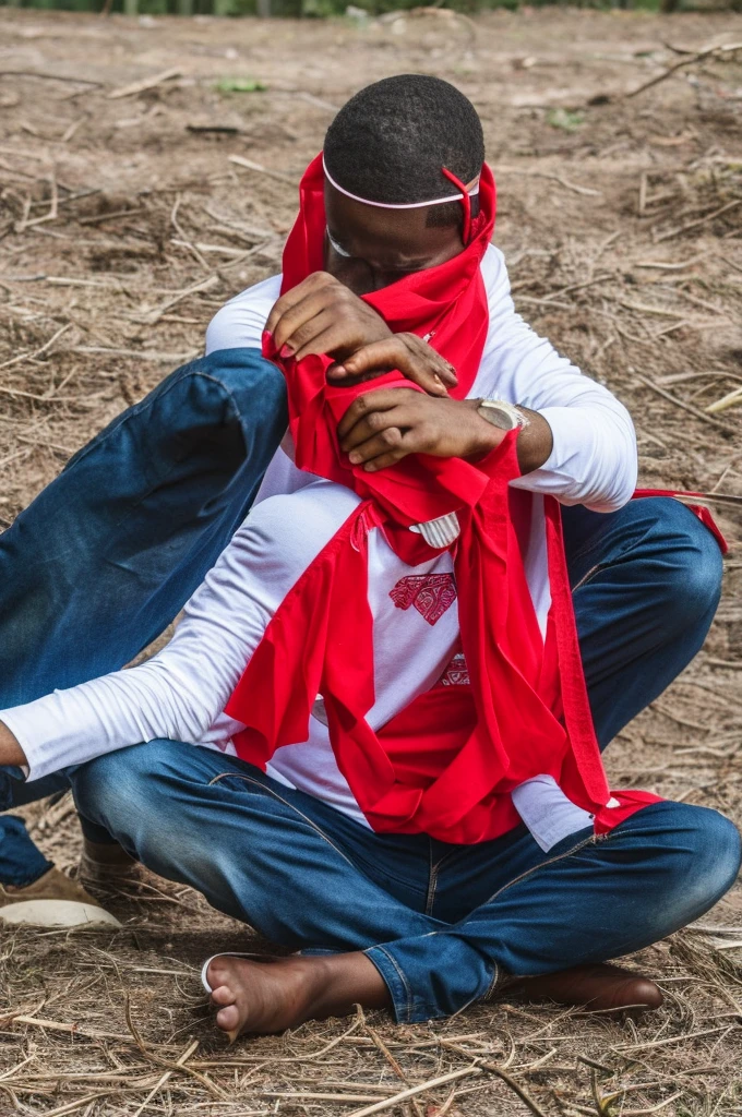 A person with eyes covered by a red bandana sits cross-legged, have six arms