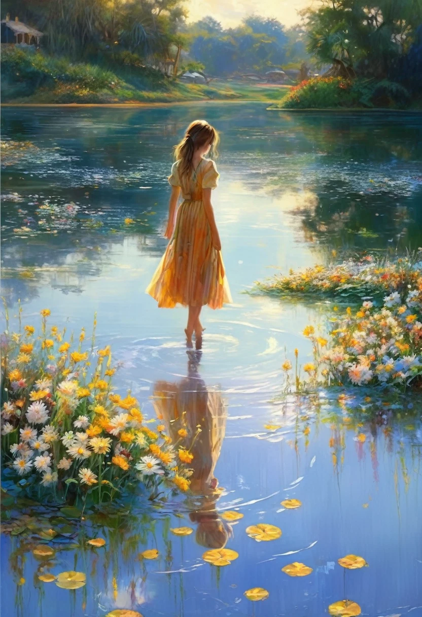 Overall image: Horizon line in the center of the screen. The girl is walking from left to right. Her figure is reflected symmetrically on the water. Oil painting style. The girl is in her early teens. She is wearing a one-piece dress.、Skirt Hair Long、The expression of the flowers fluttering in the wind is calm.、A slightly melancholic atmosphere A bouquet of flowers is being held in the hand A horizon A sunrise or sunset sky The boundary between the sea and the sky is blurred A calm and serene water surface with a few floating clouds The girl&#39;s figure is reflected like a mirror Ripples are spreading on the water surface It would be good to have mountains or forests in the background Overall soft colors、Use light and shadow effectively to create a gentle atmosphere、Add depth