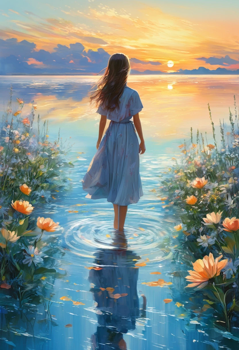 Overall image: Horizon line in the center of the screen. The girl is walking from left to right. Her figure is reflected symmetrically on the water. Oil painting style. The girl is in her early teens. She is wearing a one-piece dress.、Skirt Hair Long、The expression of the flowers fluttering in the wind is calm.、A slightly melancholic atmosphere A bouquet of flowers is being held in the hand A horizon A sunrise or sunset sky The boundary between the sea and the sky is blurred A calm and serene water surface with a few floating clouds The girl&#39;s figure is reflected like a mirror Ripples are spreading on the water surface It would be good to have mountains or forests in the background Overall soft colors、Use light and shadow effectively to create a gentle atmosphere、Add depth