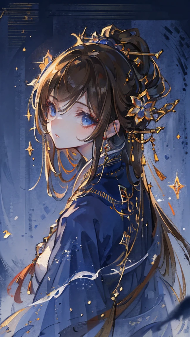 (extremely detailed 8K wallpaper),(ultra detailed),(best quality),(masterpiece),(highly detailed),(cinematic lighting),(original), cold light, mood,((headshot))),(Chinese artful style painting)), 1 girl, solo, brown hair, blue eyes, simple clothes and jewelry,(((eyes sparkle in the moonlight))))))
