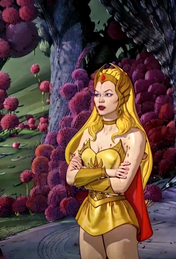 She-Ra has a winged tiara and a blue turban headdress，She was wearing a short green dress decorated with metallic patterns.，And a red cape，Golden boots，and long golden wrist guards that extend from the elbow to the wrist。Long blond hair，blue eyes and red lips。 She holds PRＧRocket，A purple veil with crystals in the middle covers her face