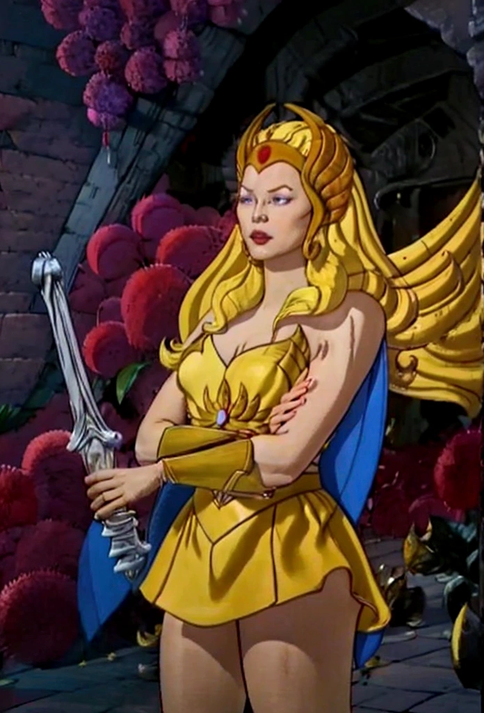 She-Ra has a winged tiara and a blue turban headdress,She was wearing a short green dress decorated with metallic patterns.,And a red cape,Golden boots,and long golden wrist guards that extend from the elbow to the wrist。Long blond hair,blue eyes and red lips。 She holds PRGRocket,A purple veil with crystals in the middle covers her face