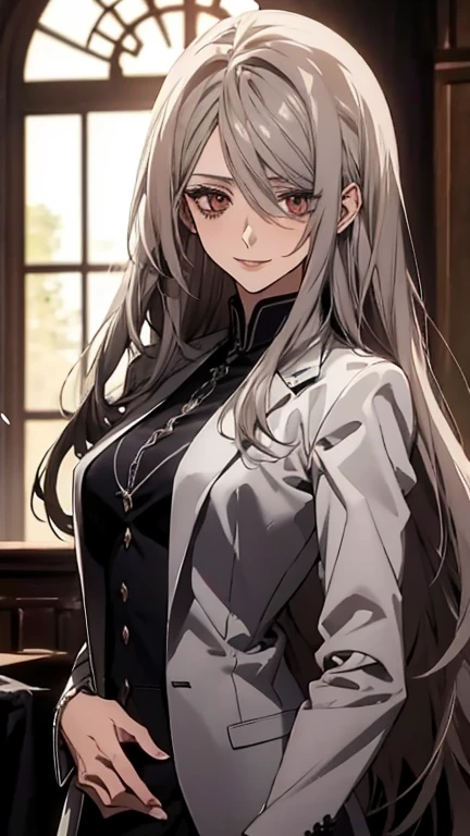 (Confused, High resolution, Very detailed), 1 female, Silver Hair,Long Hair,Reddish brown eyes,suit,Formal wear,20th generation,Beautiful woman,A shy smile,thin,quiet,Small breasts,Calm,Party Venue