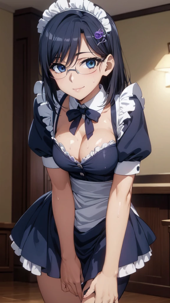 (leaning forward:1.4),One Girl,18-year-old,(Perfect hands:1.3), (huge breasts),Cleavage,Perfect Fingers,Perfect Anatomy, (masterpiece:1.4), Highest quality,Realistic, hyperRealistic, 16k hdr, morning, short hair,(hand between legs:1.3),(Aesthetic Anime Eyes:1.4),Condescending eyes,Beautiful Eyes,(Beautiful female hands:1.3),Small hands,(Thin fingers:1.3), (Navy Blue Hair), blue eyes, Glasses,Something like that, Cafe,Are standing,(Sweat:1.3),(smile:1.2),Big Breasts,Cleavage,(Sexy maid outfit,Head ornament:1.2),Long skirt,Frills,Sexy maid outfit,White panties,raise one leg slightly,
