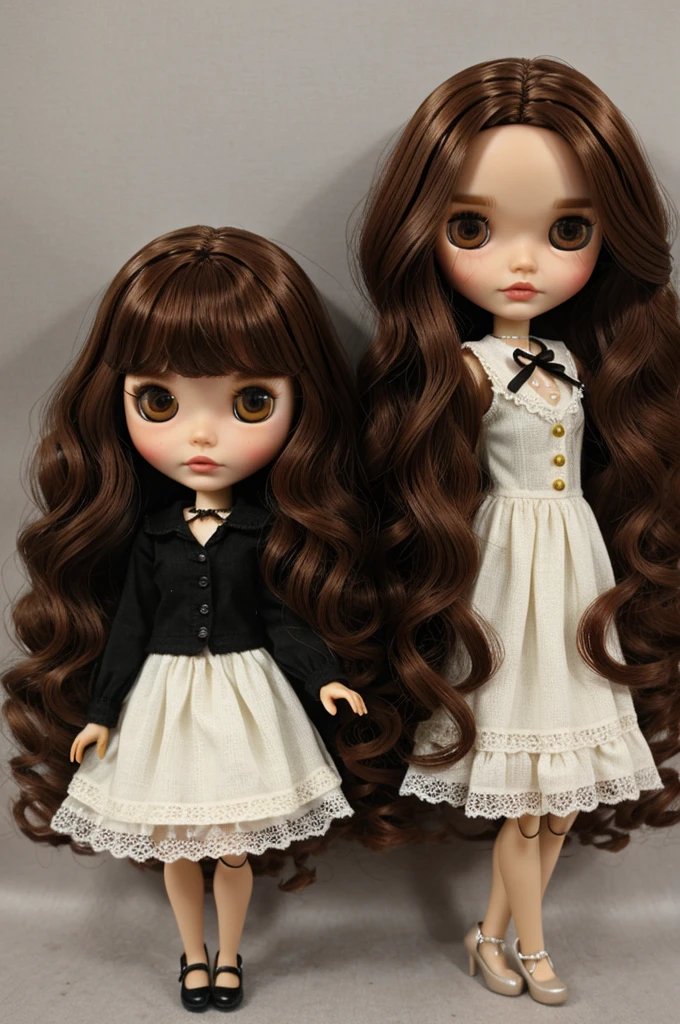 blythe doll wavy brown hair,with bangs, brown eyes and dressed in a brown and white dress 