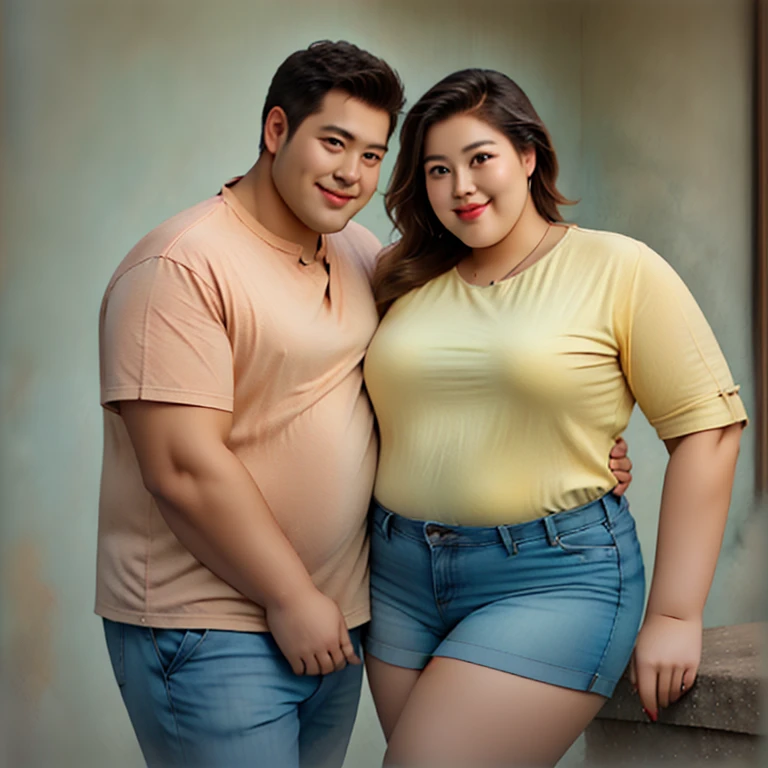 friendly fat couple, photorealistic, 8K