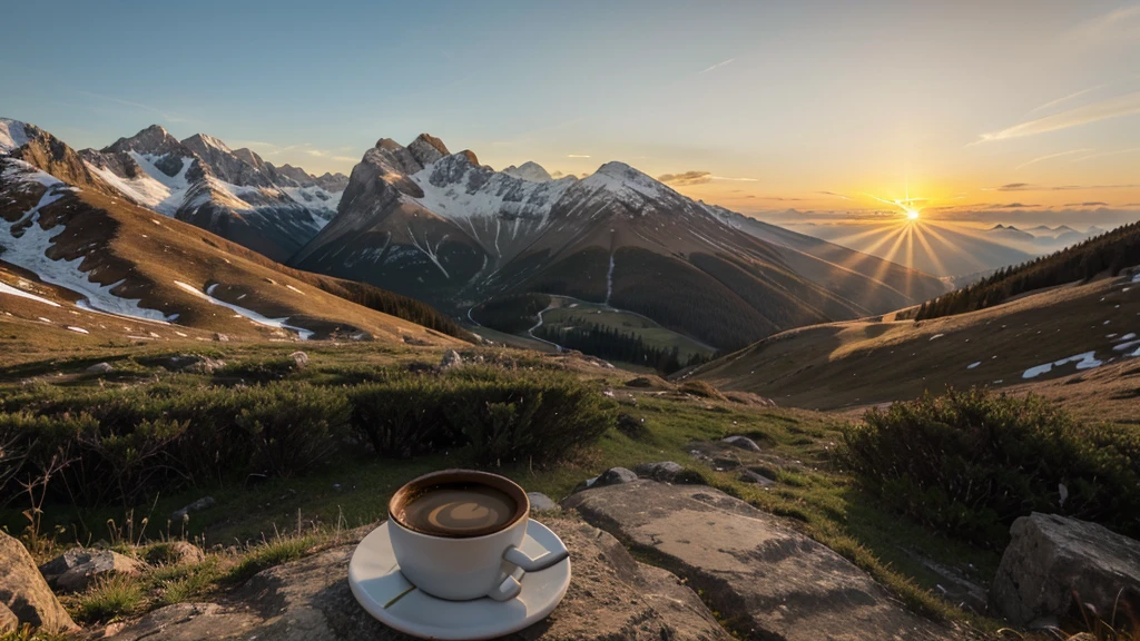 beautiful sunrise at a hiking hut with a cup of coffee