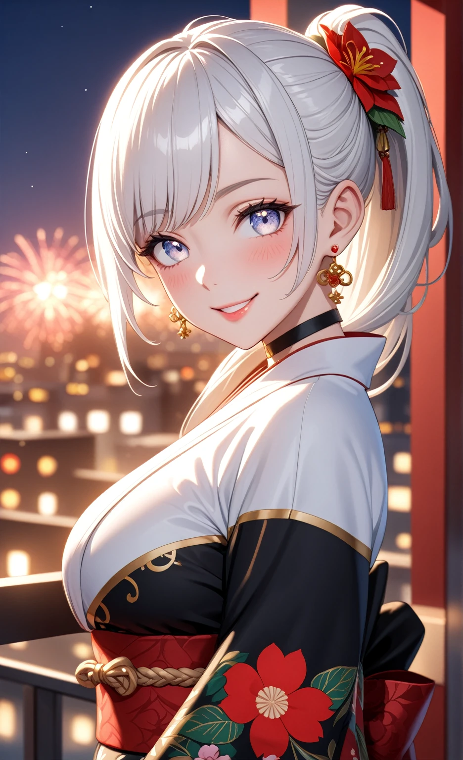 ((One personの女性)), Beautiful Face, (smile shyly), (Laughing embarrassedly), ((Wink:1.9)), Laugh with your mouth wide open,((Bright red cheeks:1.4)),Shiny red lips,night, rooftop, firework, Glossy pink lips,Facial lighting,((Anime style background)),masterpiece, Highest quality, so beautiful,up to date, Complex details, (Pink long nails), (ring),(bracelet),(choker),AI-generated, Complex,High resolution, Highest quality, super high quality,3D Images、3D Images, looking at viewer, One person,Long white hair,High Ponytail,(blue eyes),Anime woman posing for a photo, ((Fine grain、Silvery white colorful eyes、Shining Eyes:1.3)),(Squint your eyes:1.1),a hyperRealistic , hyperRealistic , Realistic,Anime woman with long white hair, Smooth anime CG art, A woman in a colorful kimono with gold embroidery, (Black long sleeve kimono),Red floral pattern,Long flower hair ornament,Earrings,Mature Body,(Big Breasts:1.1),Tall,Abdominal muscles,Narrow waist,(Zoom up to face), ((looking back)),