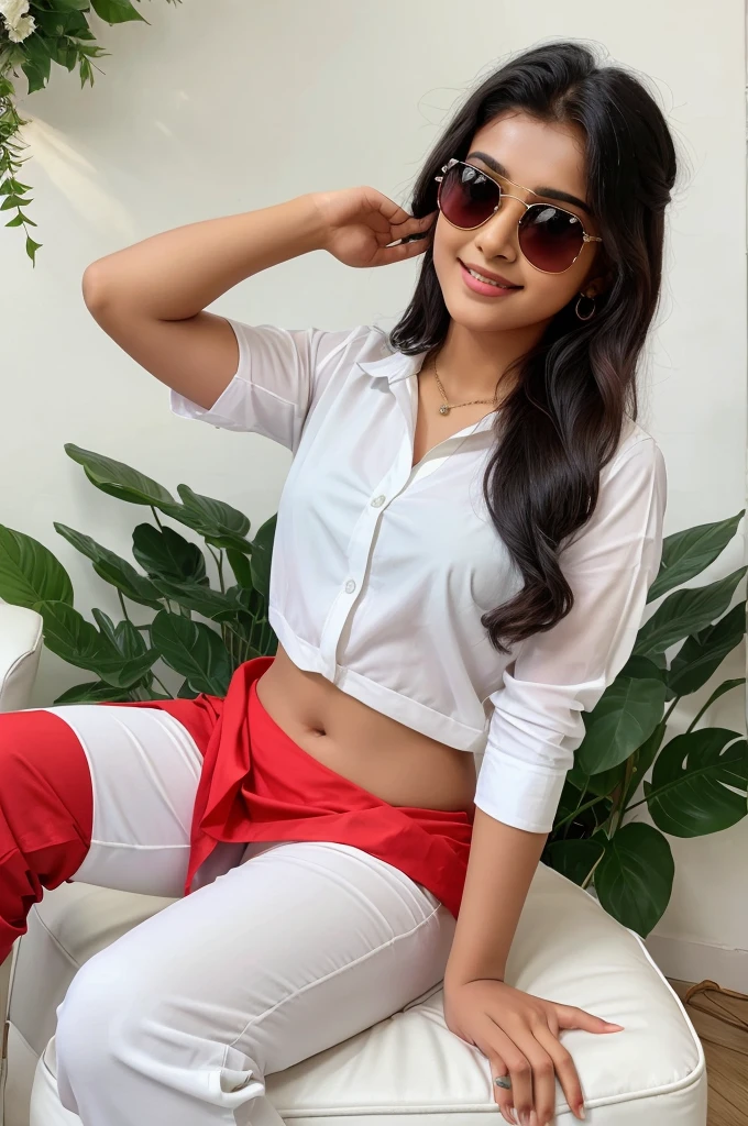 3RD PROMPT :- Create 3D picture of a beautiful 18 year old Indian couple sitting on the white  sofa set chair, boy is wearing a red shirt and black pant and girl is wearing a neon red saree, both are looking so pretty, handsome smiling, stylish hair, sunglasses ,watch background wall decorate in flower and leaves and clear written on capital Big font white colour ” D & H ” and wing are green colour look like angel.