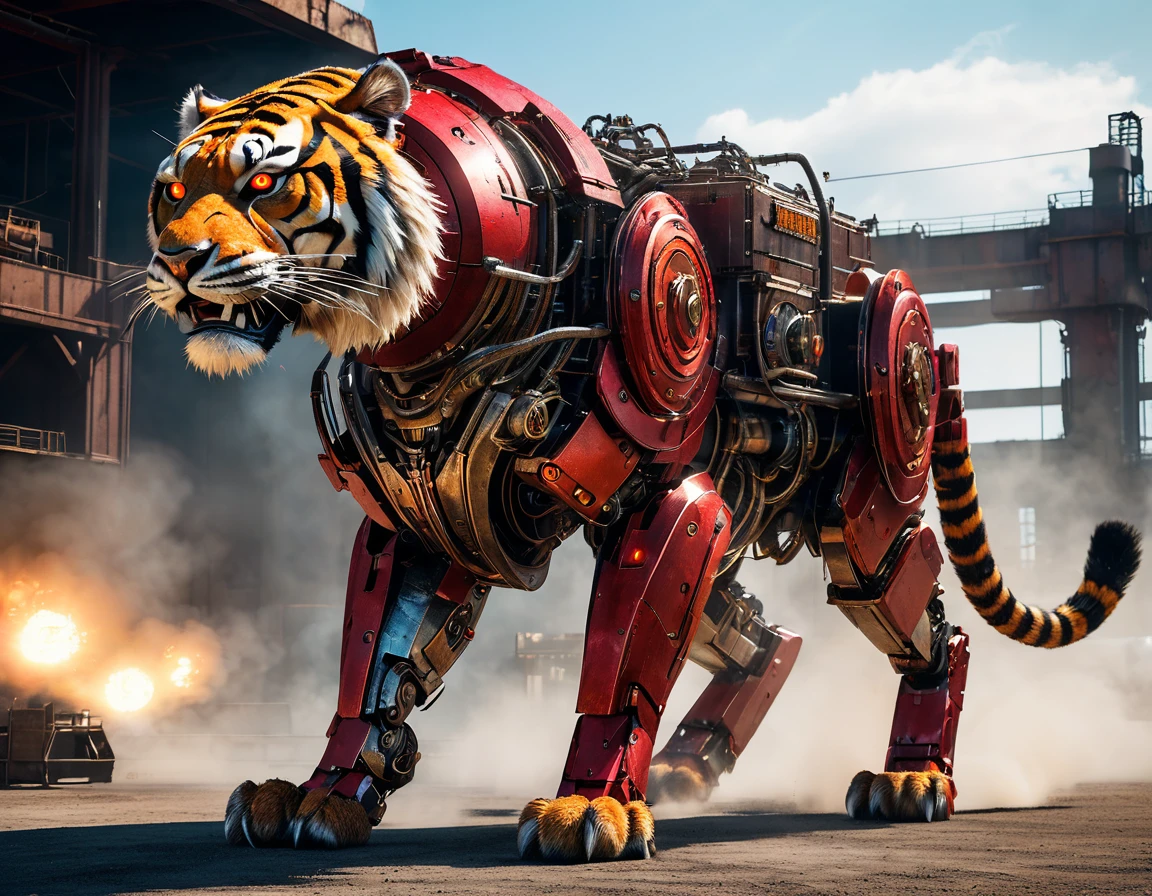 ((Masterpiece)), ((Best Quality)), (Very Detailed), ((Very Detailed)), 4K, (8K), very aesthetic, absurdres highres, create an image of a robotic mechanical beast in the form of a tiger, equipped with weaponry such as laser cannons and missiles suitable for a science fiction story. The mechanical tiger should have intricate details with gears, pistons, and metallic plates, glowing red eyes, steam coming out from its joints, visible wiring, hydraulic tubes, and a sense of wear and tear. It should have an aggressive stance, ready to pounce, with sharp claws and teeth made of polished steel, set against a dark, industrial background with hints of machinery and metal structures, 