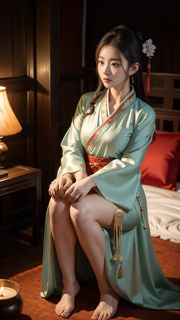 Chinese ancient style，Beauty，Kneeling at the bedside，blushing，Expression，Long legs，Hanfu，Antique long dress，Dark background，Ancient style house，Large bust，enchanting。Masterpiece，8K，Very close observation