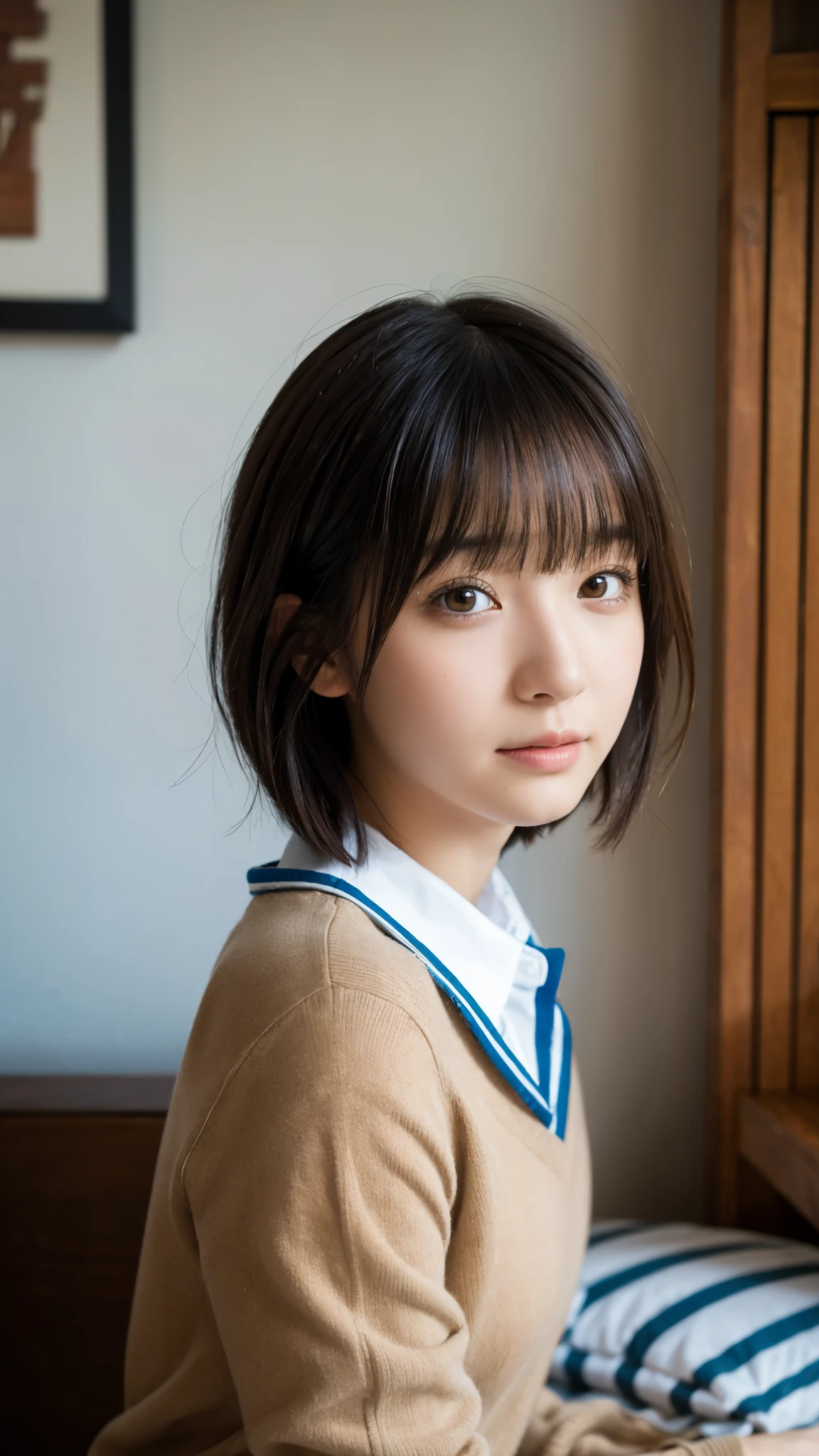 (Highest quality,masterpiece:1.3,Ultra-high resolution),(Super detailed,Caustics,8K), (Photorealistic:1.4, RAW shooting),A high school girl sitting on a bed in a bedroom,Japanese,cute,18-year-old,Natural brown short bob,School uniform,High Position,High angle,Face Focus,Face close up,Bust up shot,Natural light