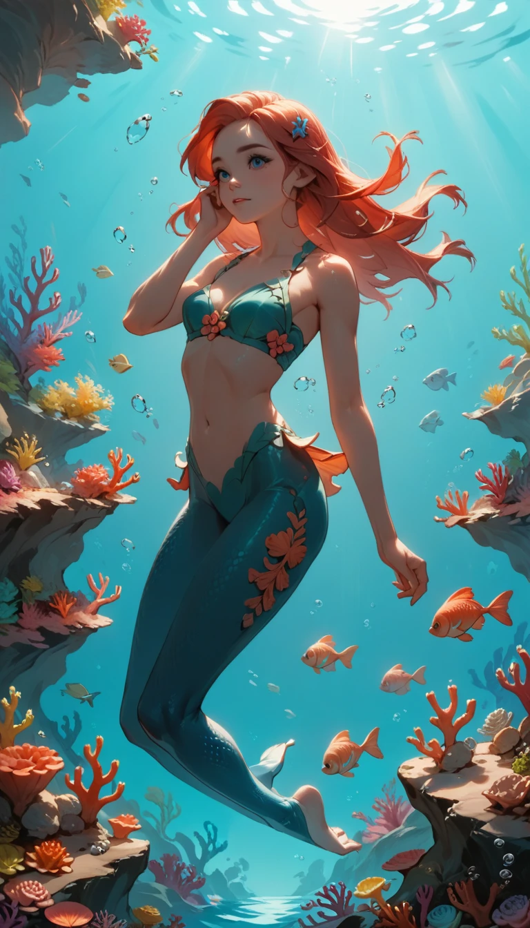 a woman with red hair is drowing underwater and she is only wearing a purple sea shell bra, back butt view